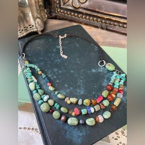 Vintage Peyote Bird turquoise Gemstone triple strand necklace